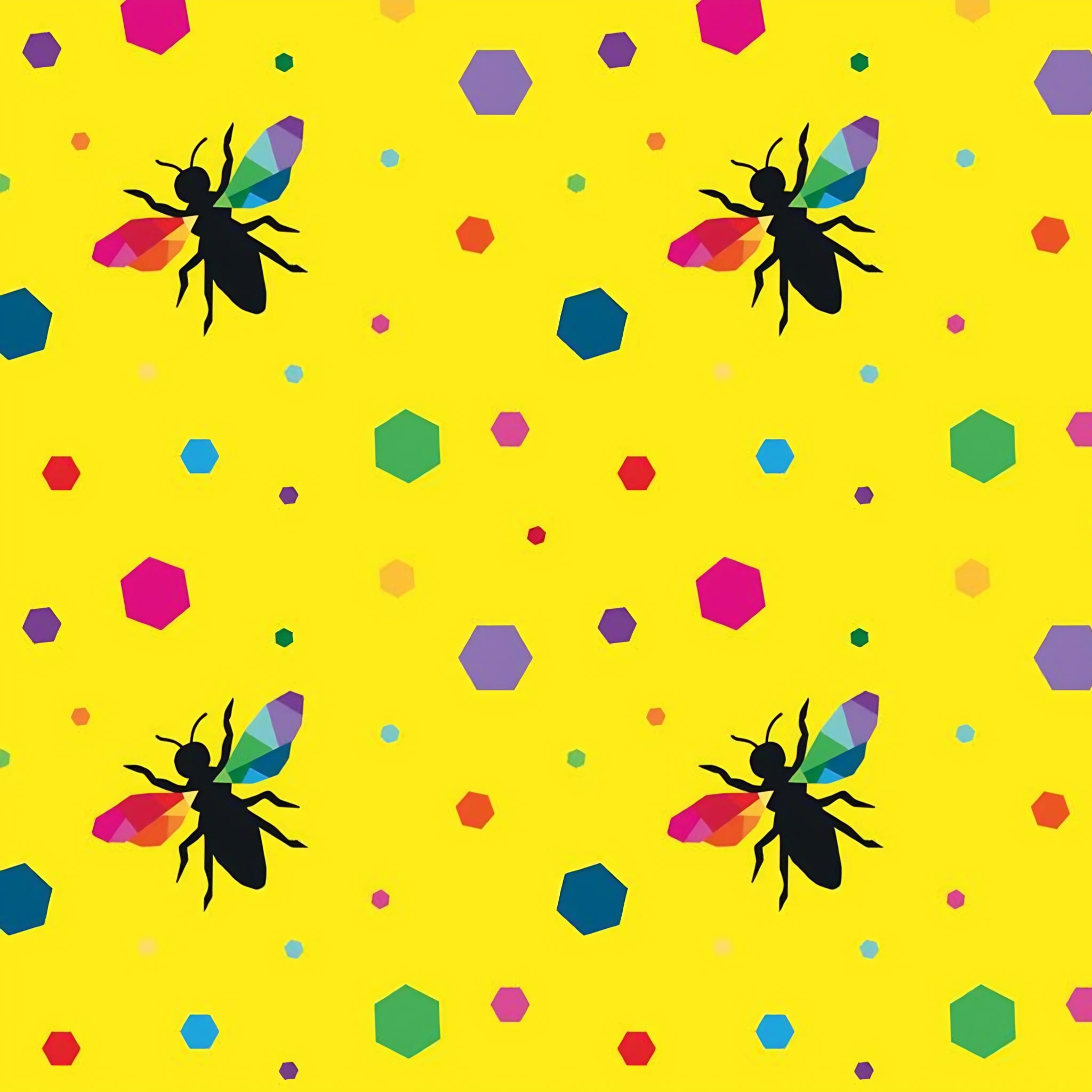 Novelty black bee silhouettes rainbow geometric wings multicolour hexagons yellow fabric for kids quilts and novelty patchwork projects