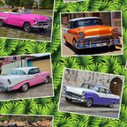 Vintage Cuban cars in vibrant multi colours on jungle green palm leaf background fabric for retro quilts and patchwork sewing projects