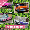 Vintage Cuban cars in vibrant multi colours on jungle green palm leaf background fabric for retro quilts and patchwork sewing projects