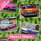 Vintage Cuban cars in vibrant multi colours on jungle green palm leaf background fabric for retro quilts and patchwork sewing projects