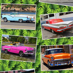 Vintage Cuban cars in vibrant multi colours on jungle green palm leaf background fabric for retro quilts and patchwork sewing projects