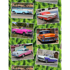 Vintage Cuban cars in vibrant multi colours on jungle green palm leaf background fabric for retro quilts and patchwork sewing projects