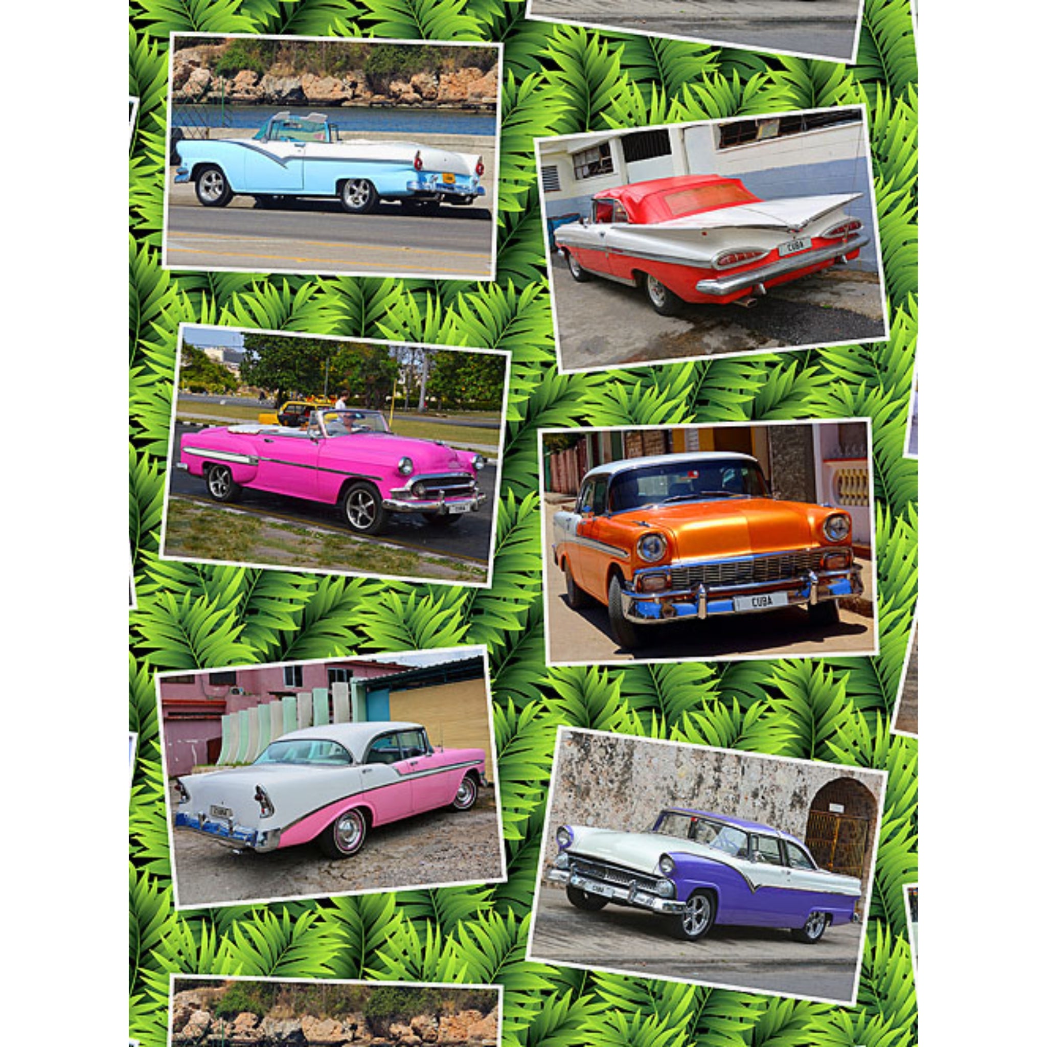 Vintage Cuban cars in vibrant multi colours on jungle green palm leaf background fabric for retro quilts and patchwork sewing projects