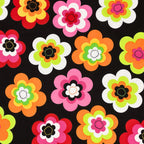 Retro mod daisy floral black multi fabric for retro quilts tote bags cushions patchwork projects