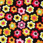 Retro mod daisy floral black multi fabric for retro quilts tote bags cushions patchwork sewing projects
