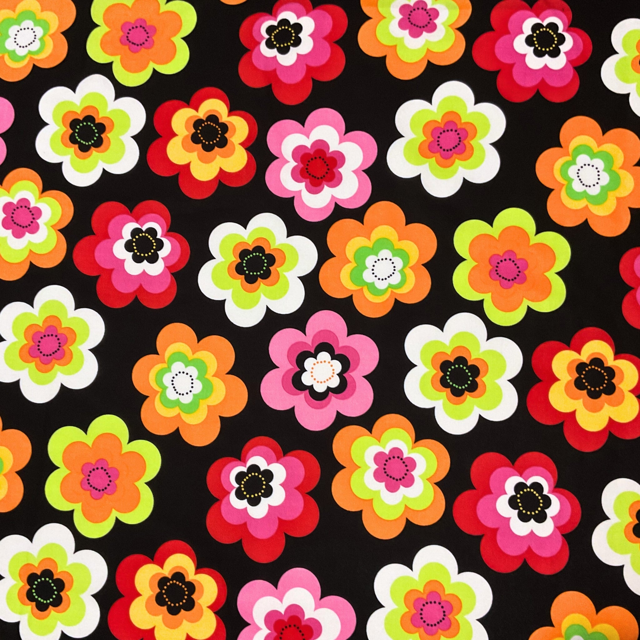 Retro mod daisy floral black multi fabric for retro quilts tote bags cushions patchwork sewing projects