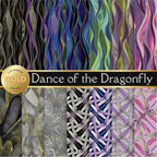 Dance of the Dragonfly fabric collection with gold metallic accents in purple, green, and blue
