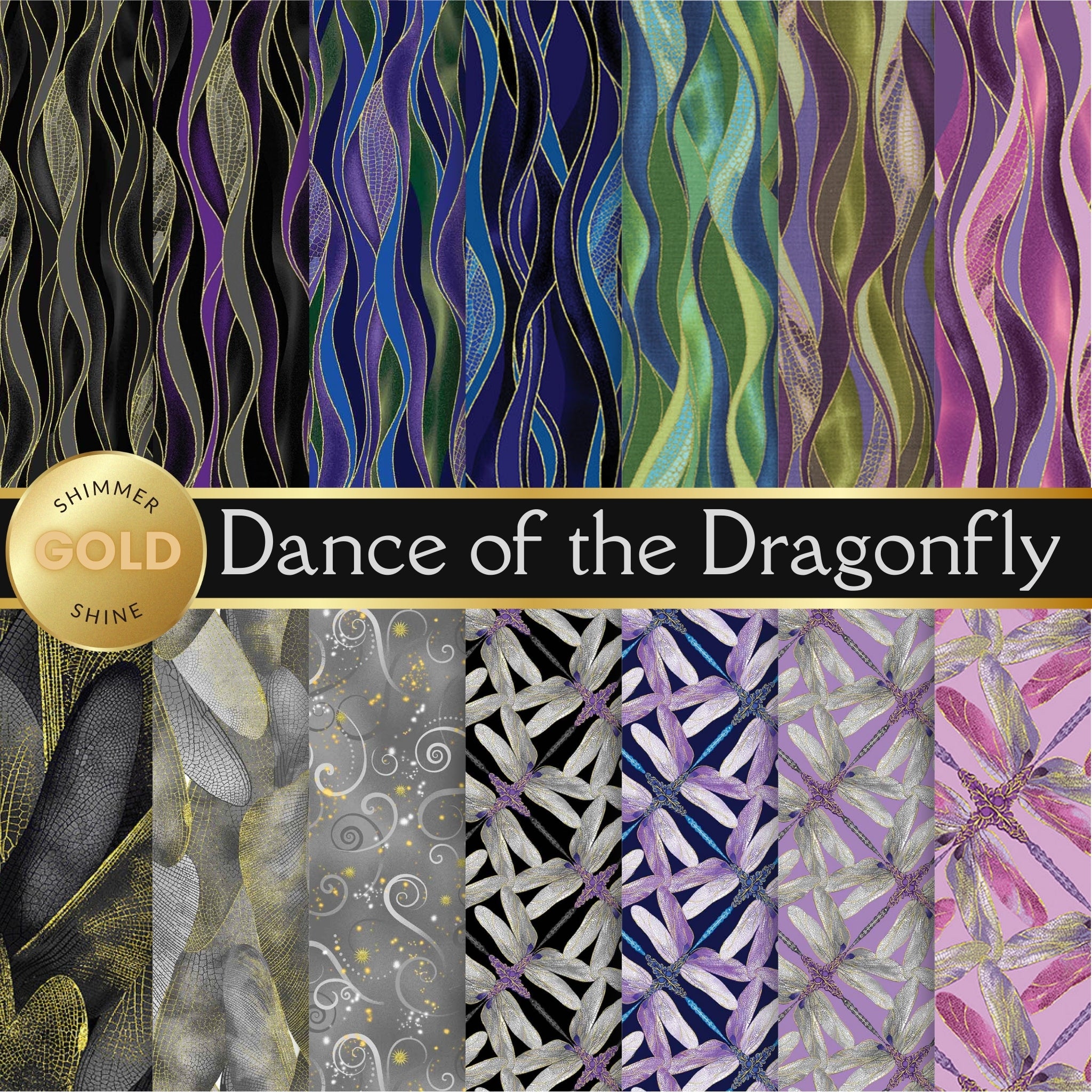 Dance of the Dragonfly fabric collection with gold metallic accents in purple, green, and blue