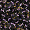 Black fabric with purple and gold dragonflies with gold metallic sparkle