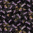 Black fabric with purple and gold dragonflies with gold metallic sparkle