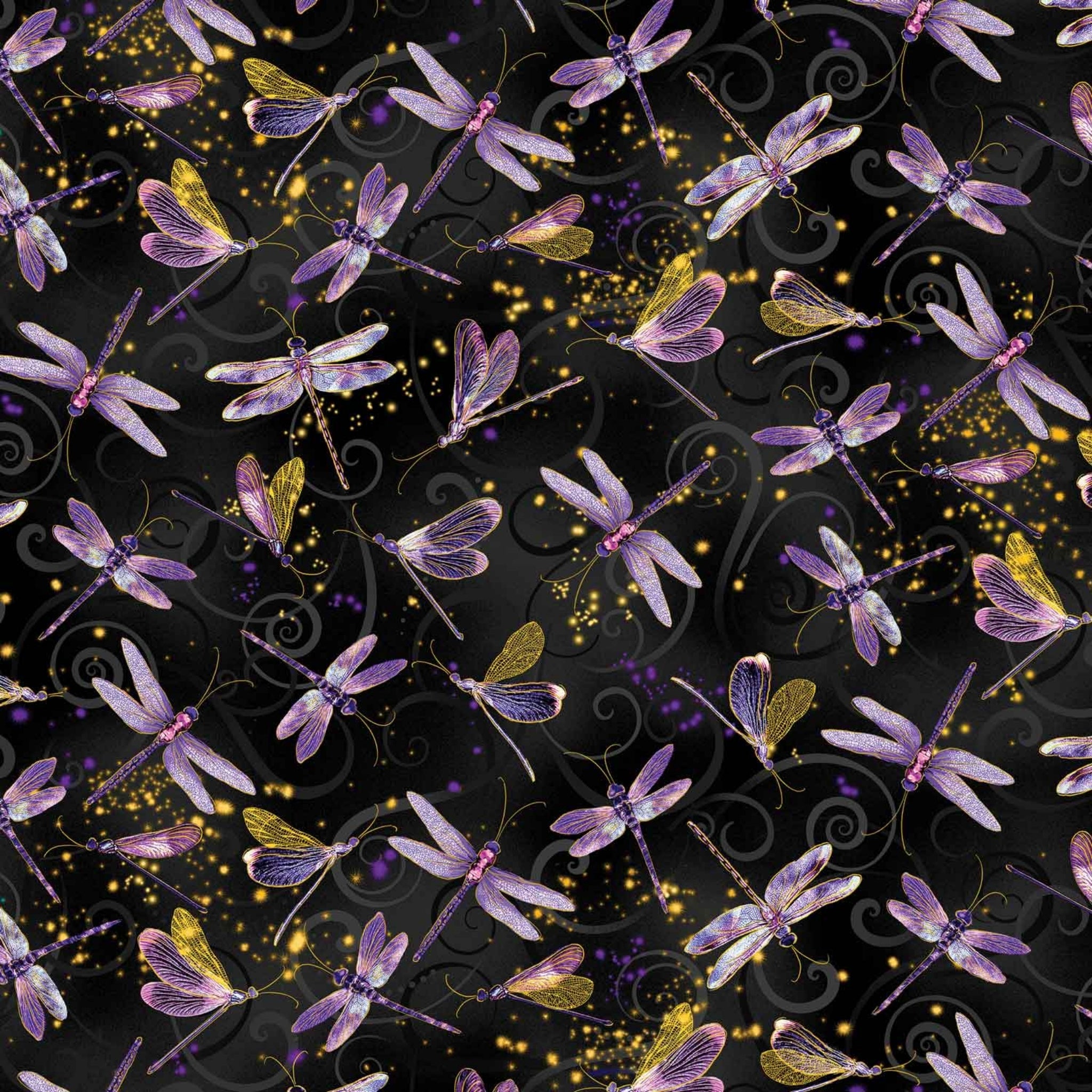 Black fabric with purple and gold dragonflies with gold metallic sparkle