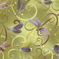 Celadon green fabric with gold and lavender dragonflies with gold metallic sparkle
