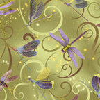 Celadon green fabric with gold and lavender dragonflies with gold metallic sparkle