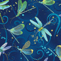 Midnight blue fabric with blue, turquoise, and gold dragonflies with gold metallic sparkle