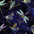 Navy blue fabric with blue, purple, and gold dragonflies with gold metallic sparkle