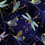 Navy blue fabric with blue, purple, and gold dragonflies with gold metallic sparkle