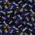 Navy blue fabric with blue, purple, and gold dragonflies with gold metallic sparkle