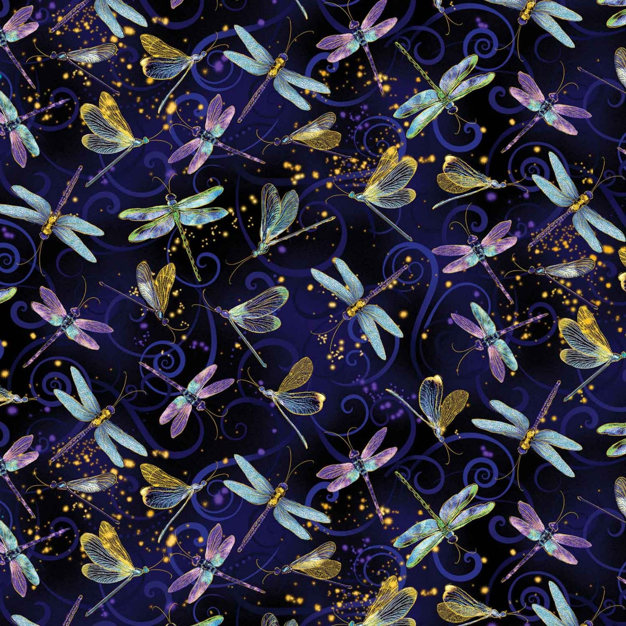 Navy blue fabric with blue, purple, and gold dragonflies with gold metallic sparkle