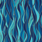 Azure blue and navy wave stripe fabric with gold metallic lines