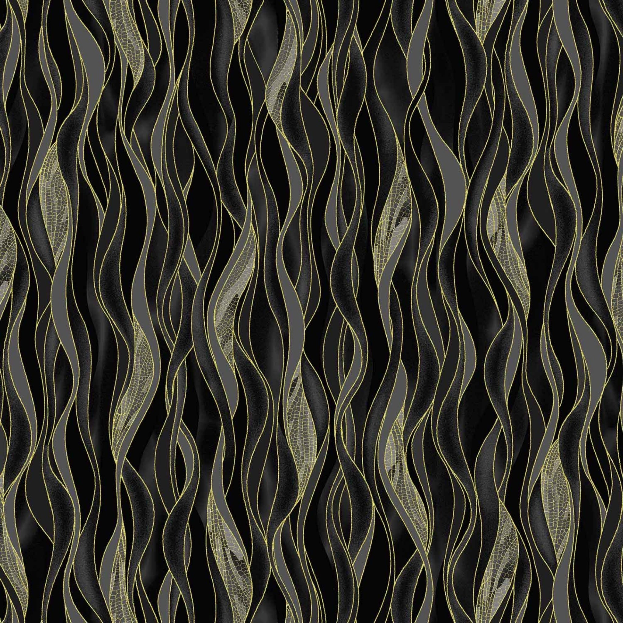 Black and charcoal gray wave stripe fabric with gold metallic lines