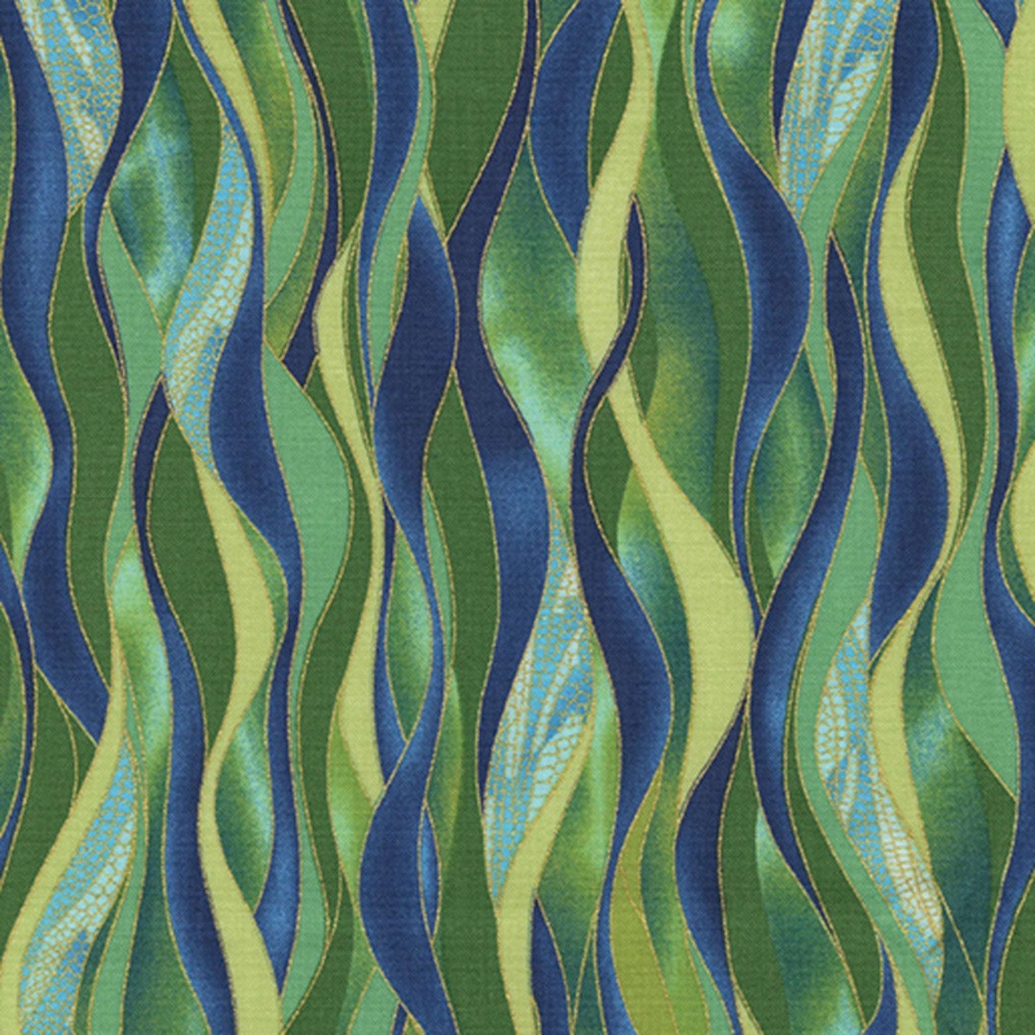 Emerald green and blue wave stripe fabric with gold metallic lines