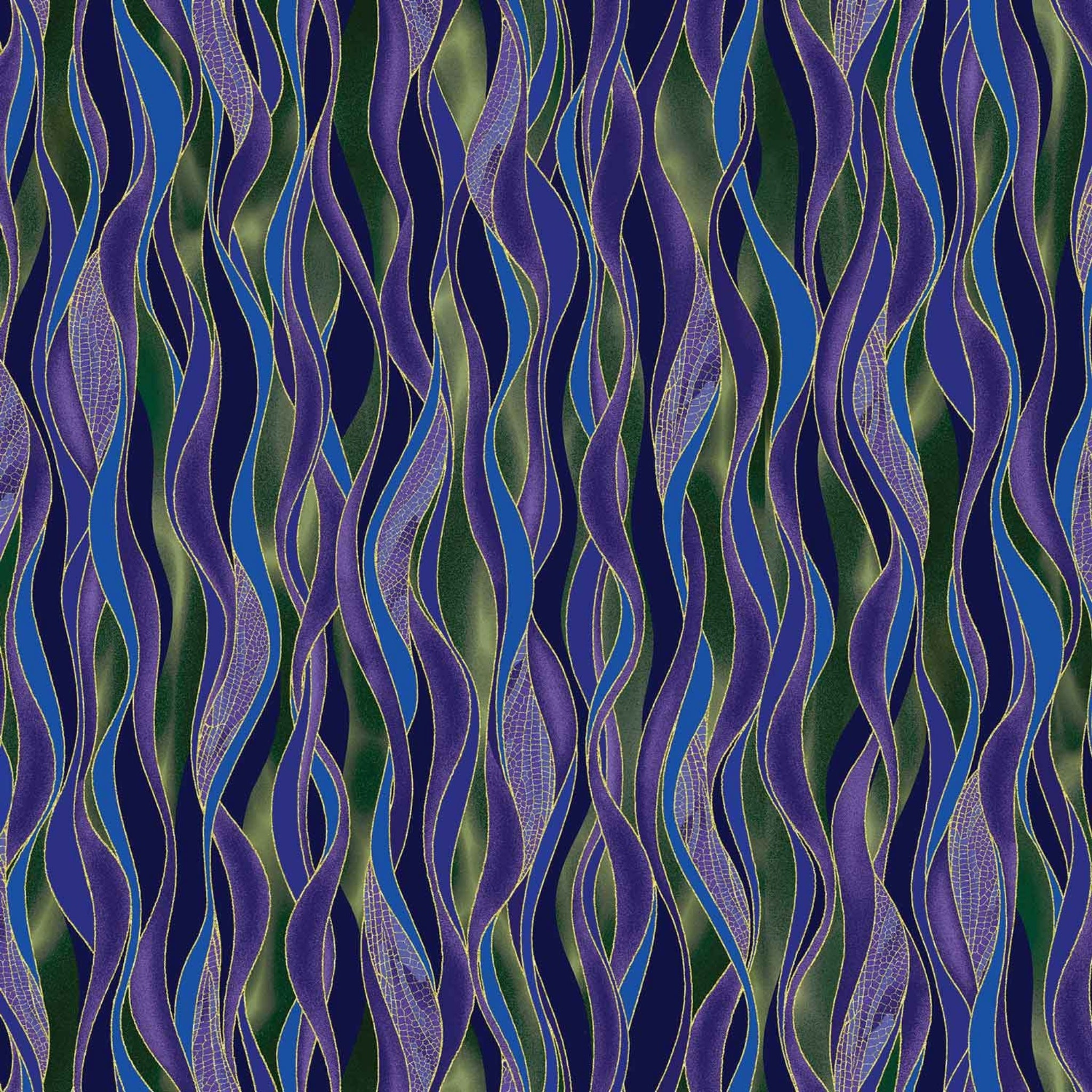 Purple, green and blue wave stripe fabric with gold metallic lines