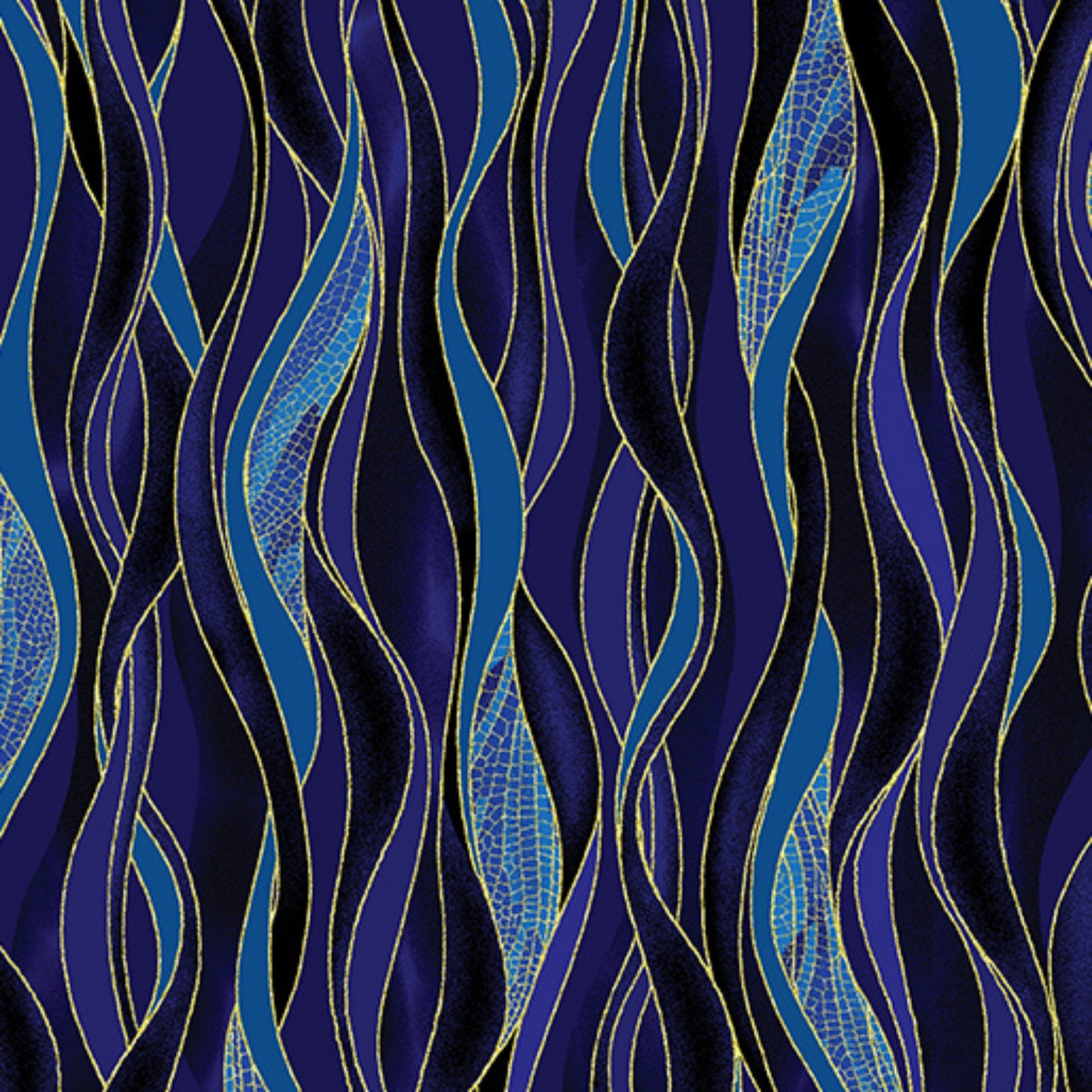 Blue, navy and black wave stripe fabric with gold metallic lines