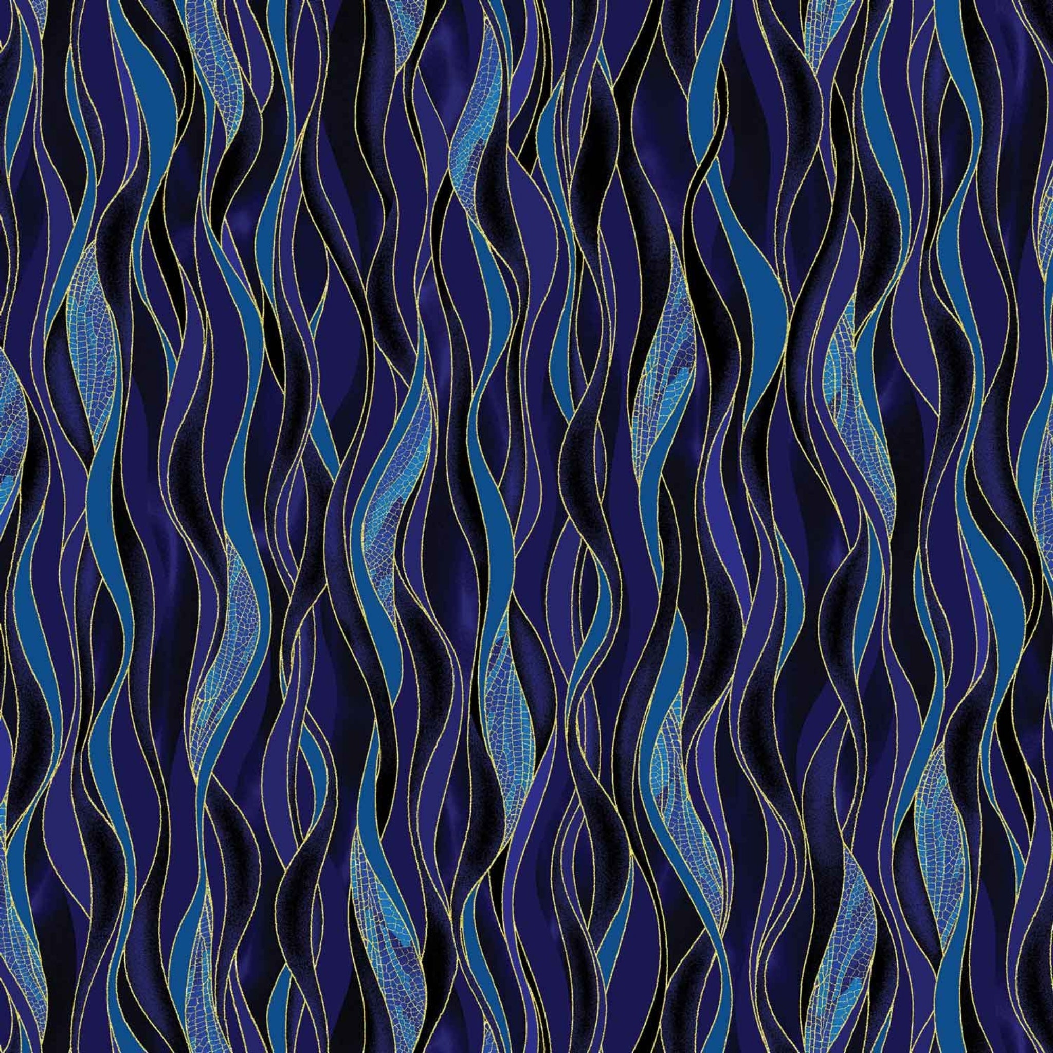Blue, navy and black wave stripe fabric with gold metallic lines