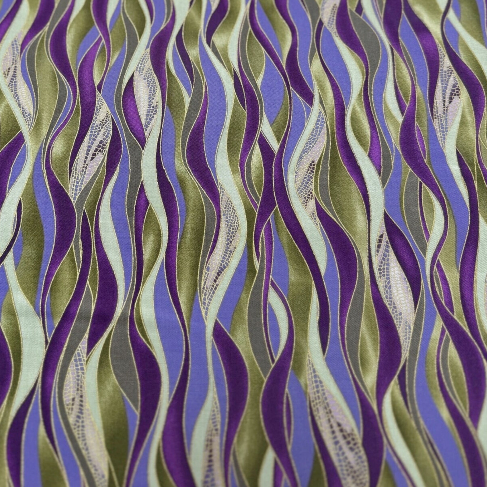Olive green, violet, and rich purple wave stripe fabric with gold metallic lines
