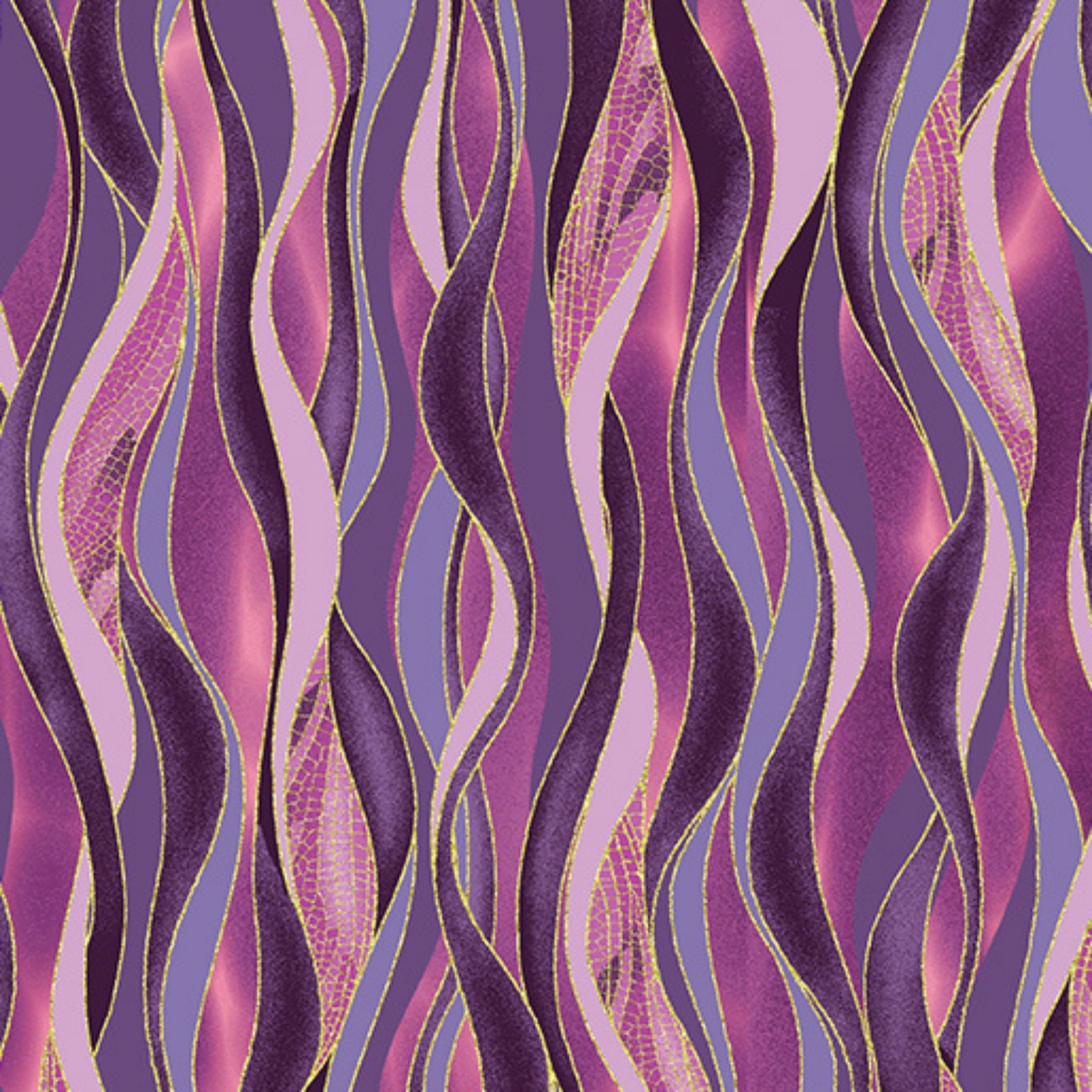 Plum purple, violet, and pale pink wave stripe fabric with gold metallic lines