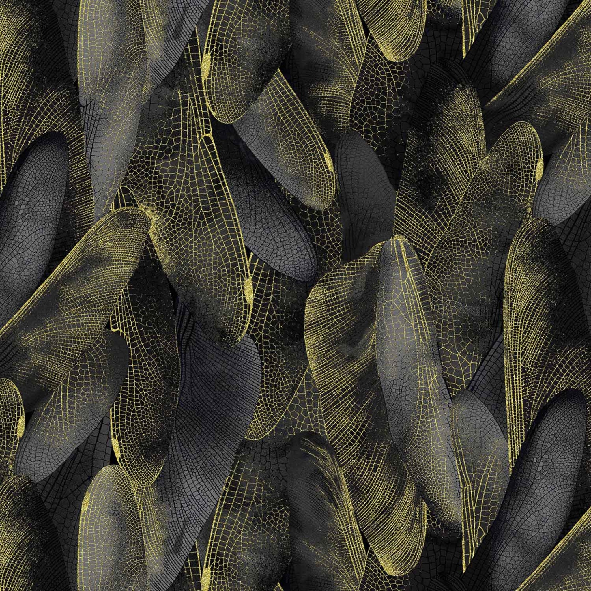 Black and charcoal gray quilting fabric with a pattern of metallic gold dragonfly wings