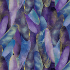 Blue and violet quilting fabric with a pattern of metallic gold dragonfly wings