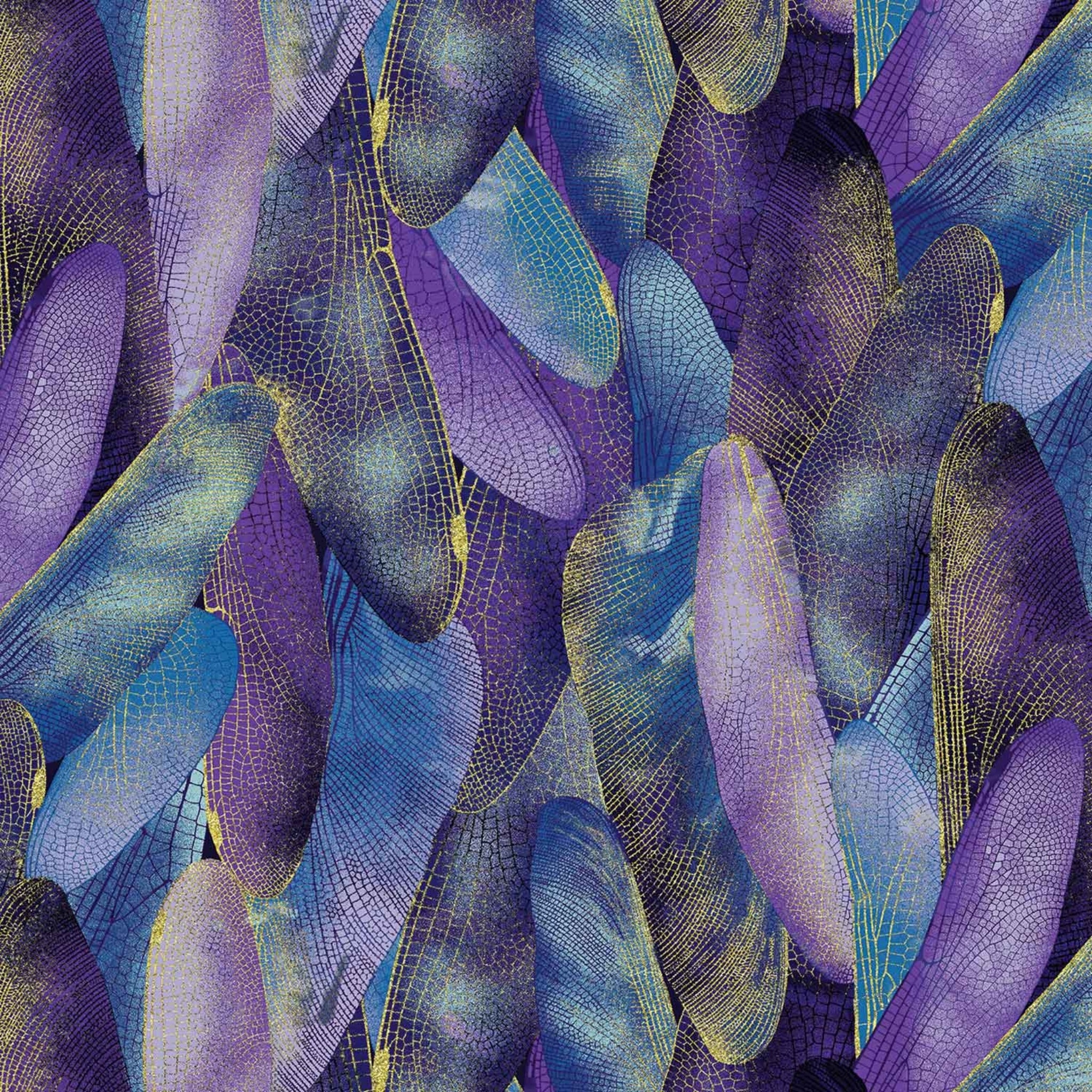 Blue and violet quilting fabric with a pattern of metallic gold dragonfly wings