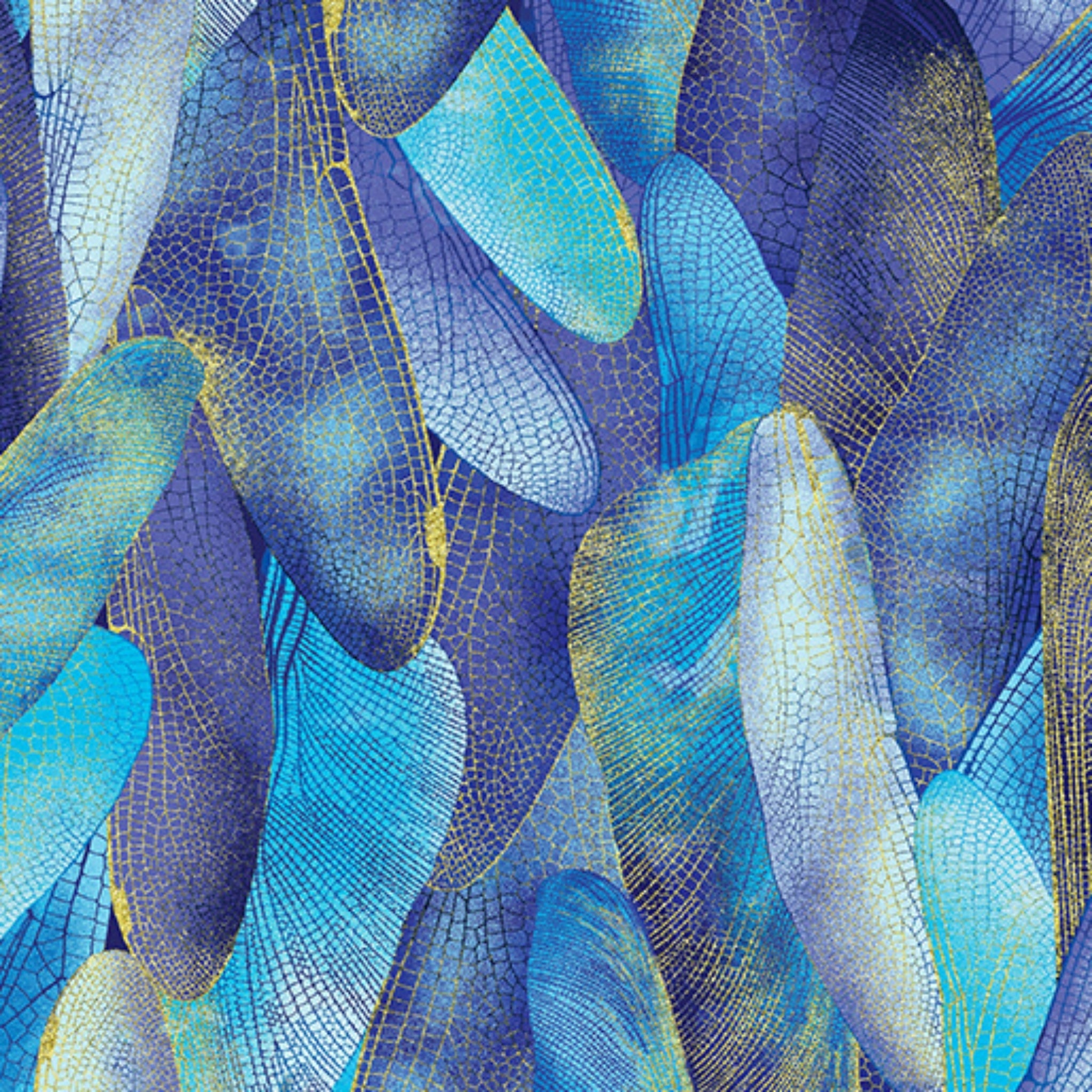 Cobalt blue and turquoise quilting fabric with a pattern of metallic gold dragonfly wings
