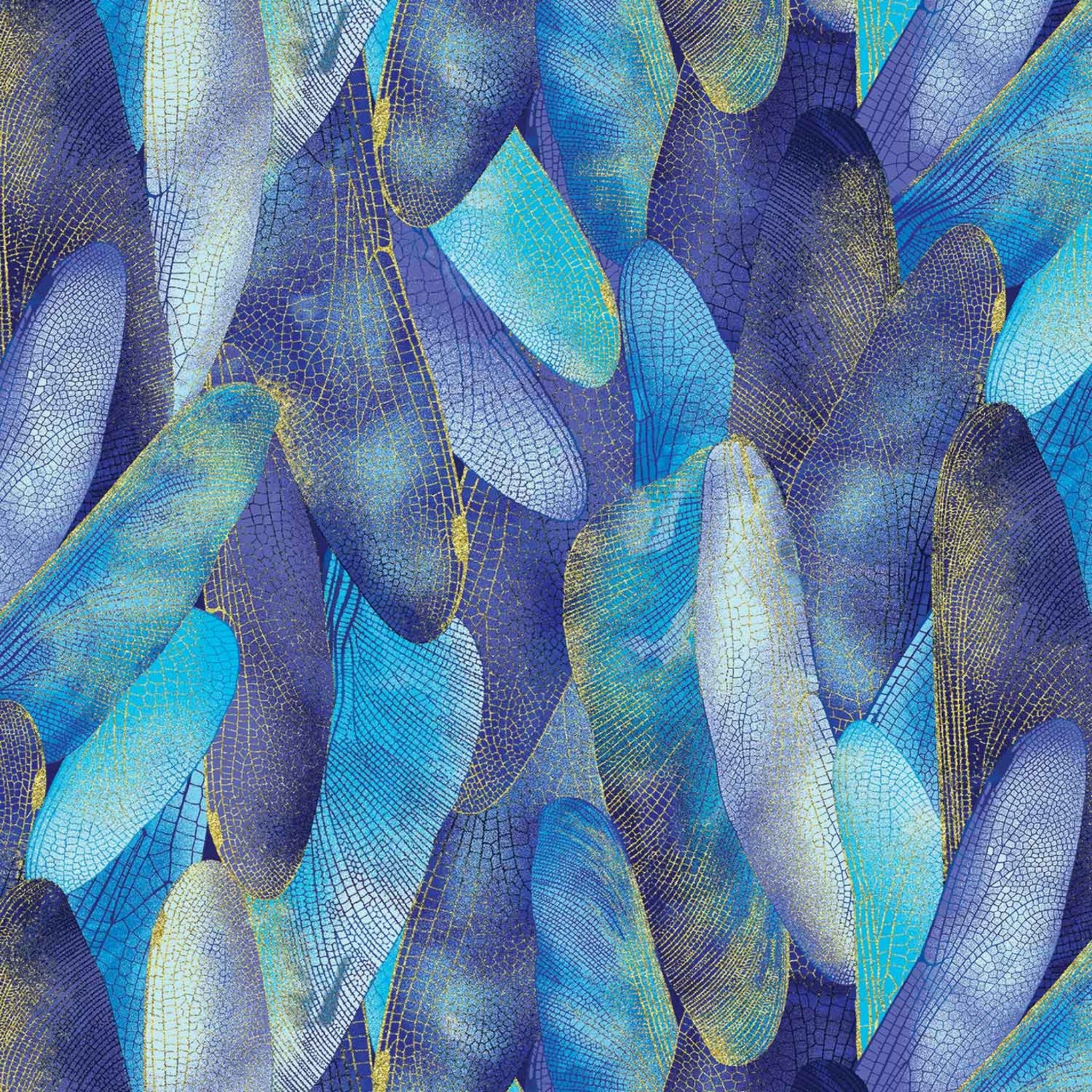 Cobalt blue and turquoise quilting fabric with a pattern of metallic gold dragonfly wings