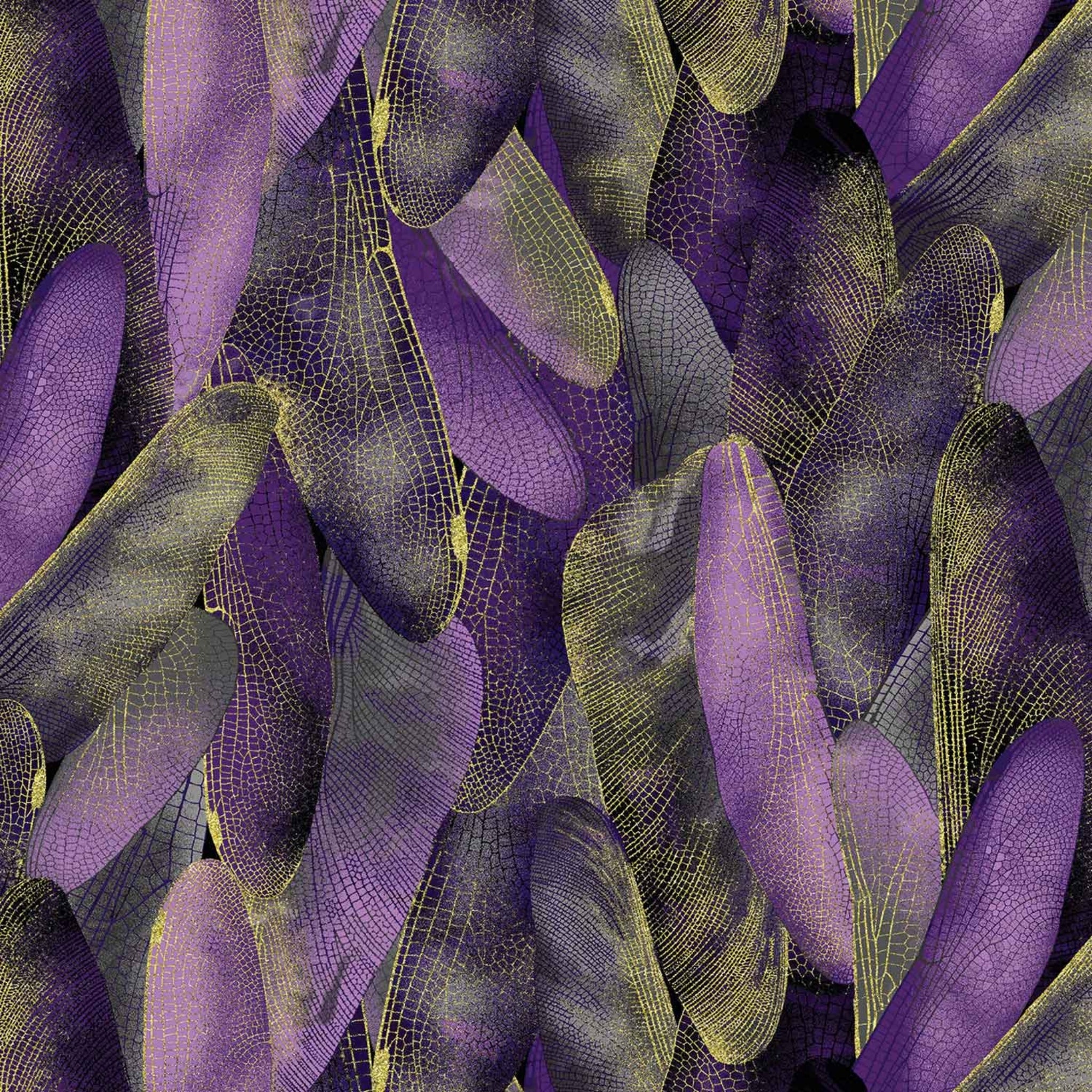 Deep purple and violet quilting fabric with a pattern of metallic gold dragonfly wings