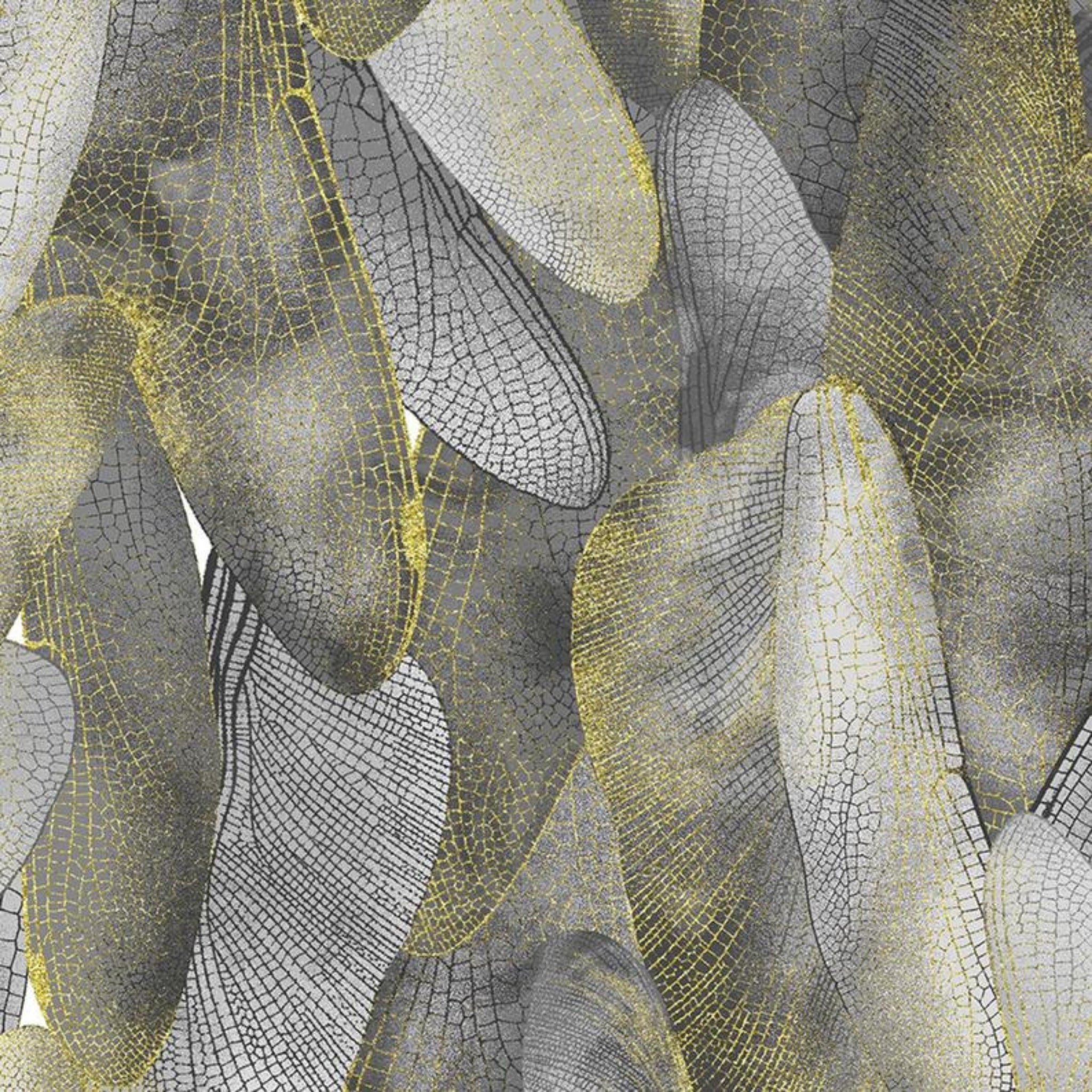 Dove gray and charcoal quilting fabric with a pattern of metallic gold dragonfly wings