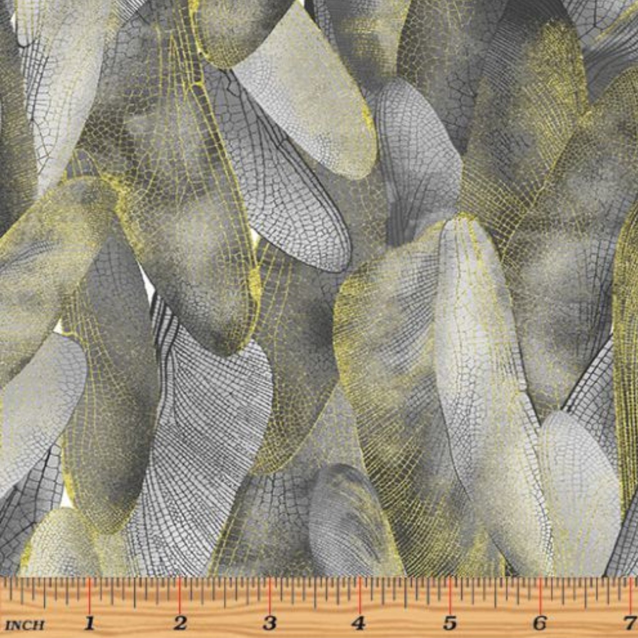Dove gray and charcoal quilting fabric with a pattern of metallic gold dragonfly wings