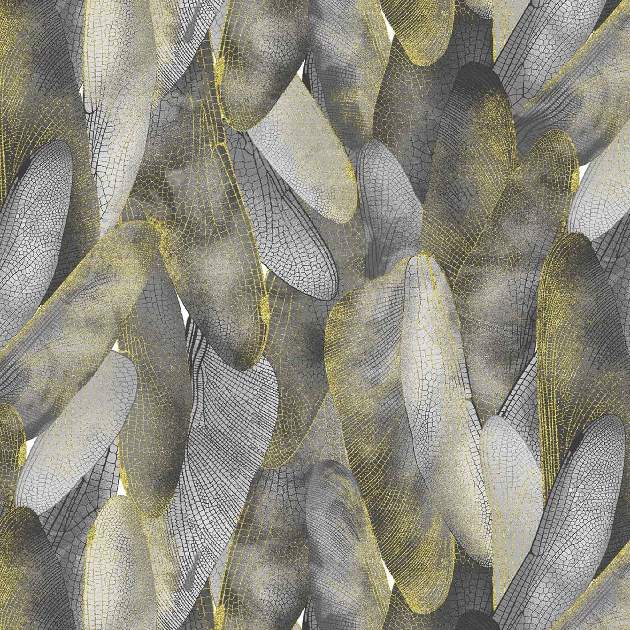 Dove gray and charcoal quilting fabric with a pattern of metallic gold dragonfly wings