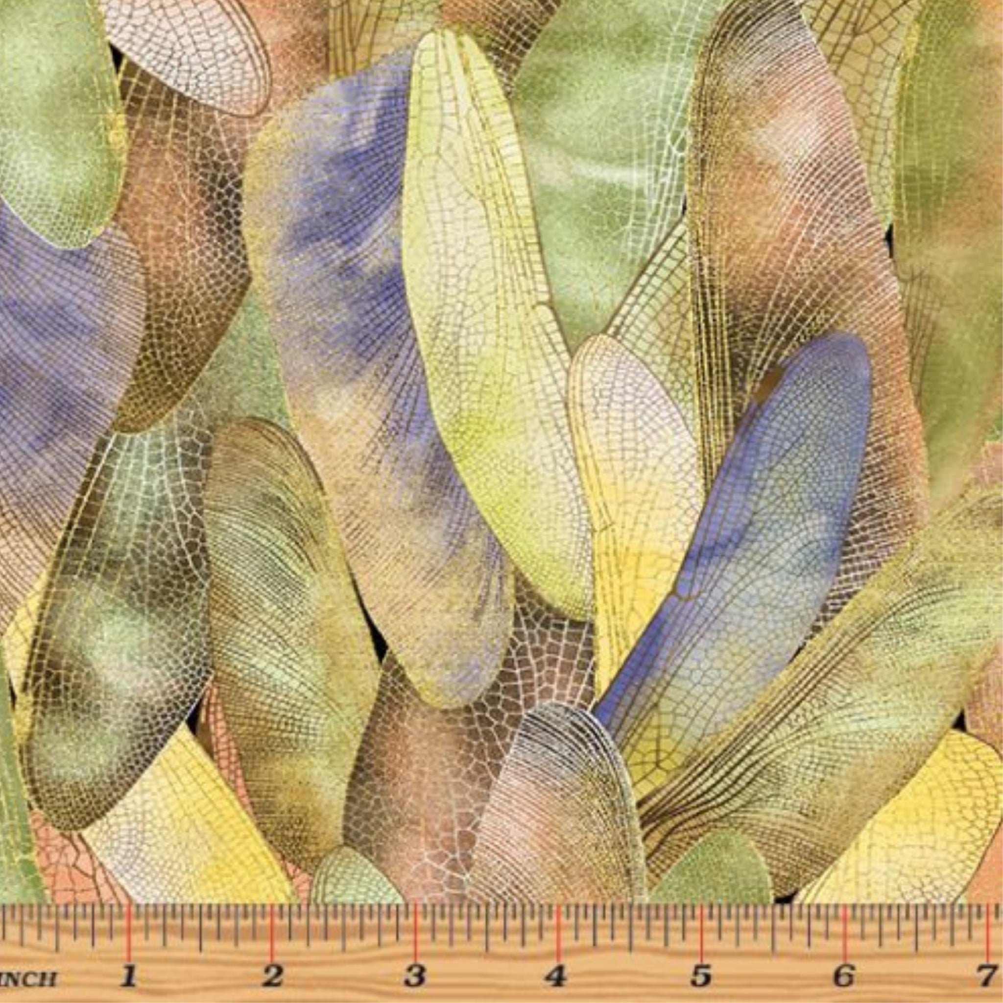 Dusty citron with hints of olive, sienna, and blue with a pattern of metallic gold dragonfly wings