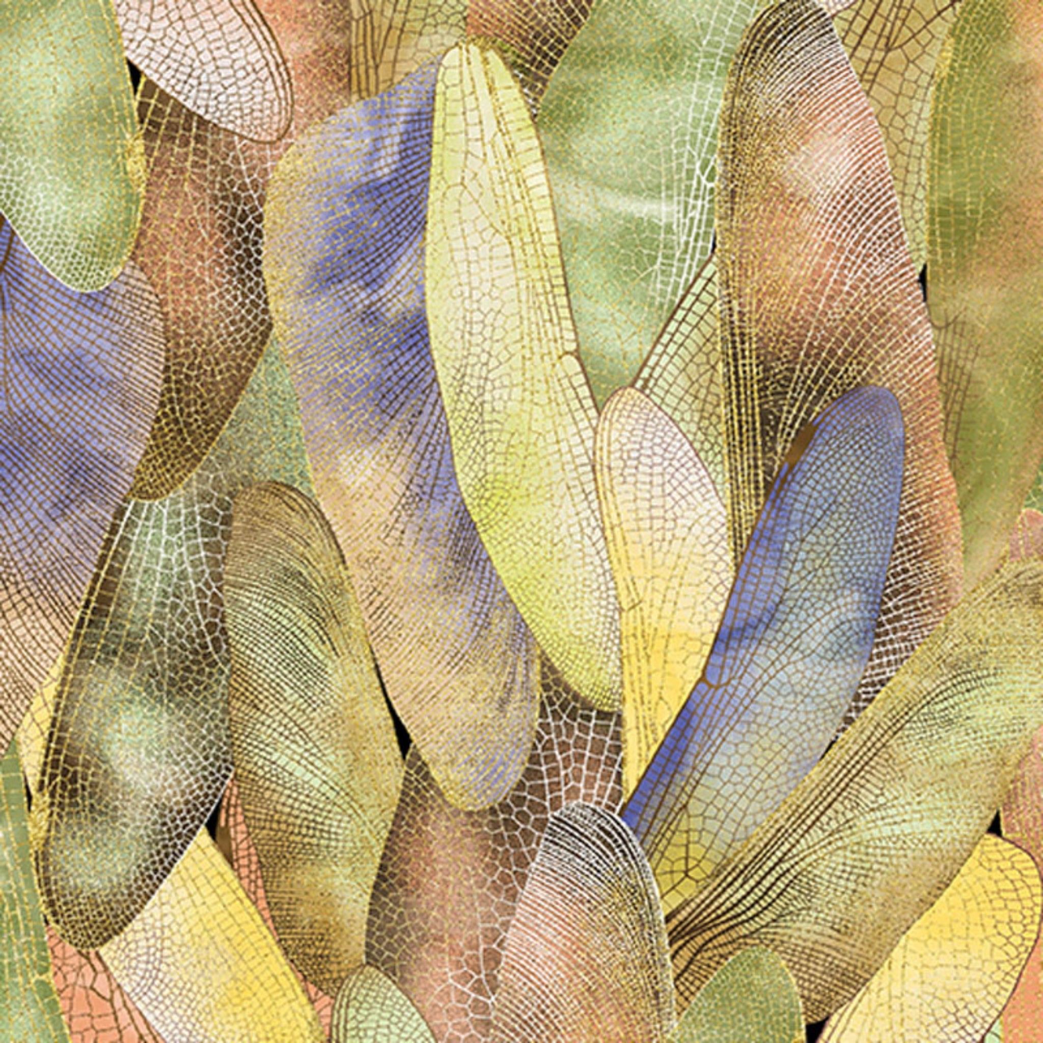 Dusty citron with hints of olive, sienna, and blue with a pattern of metallic gold dragonfly wings