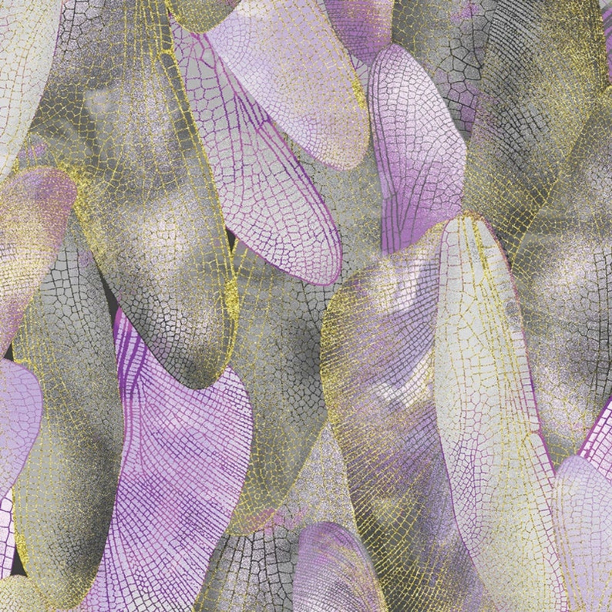 Lavender and dove gray quilting fabric with a pattern of metallic gold dragonfly wings