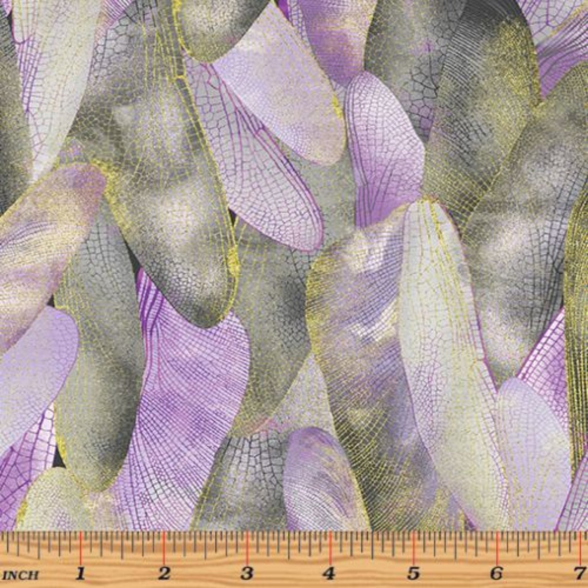 Lavender and dove gray quilting fabric with a pattern of metallic gold dragonfly wings