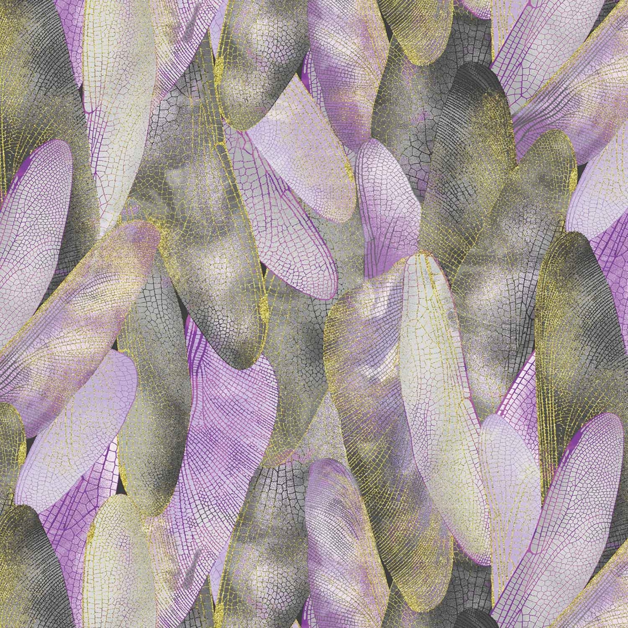 Lavender and dove grey quilting fabric with a pattern of metallic gold dragonfly wings