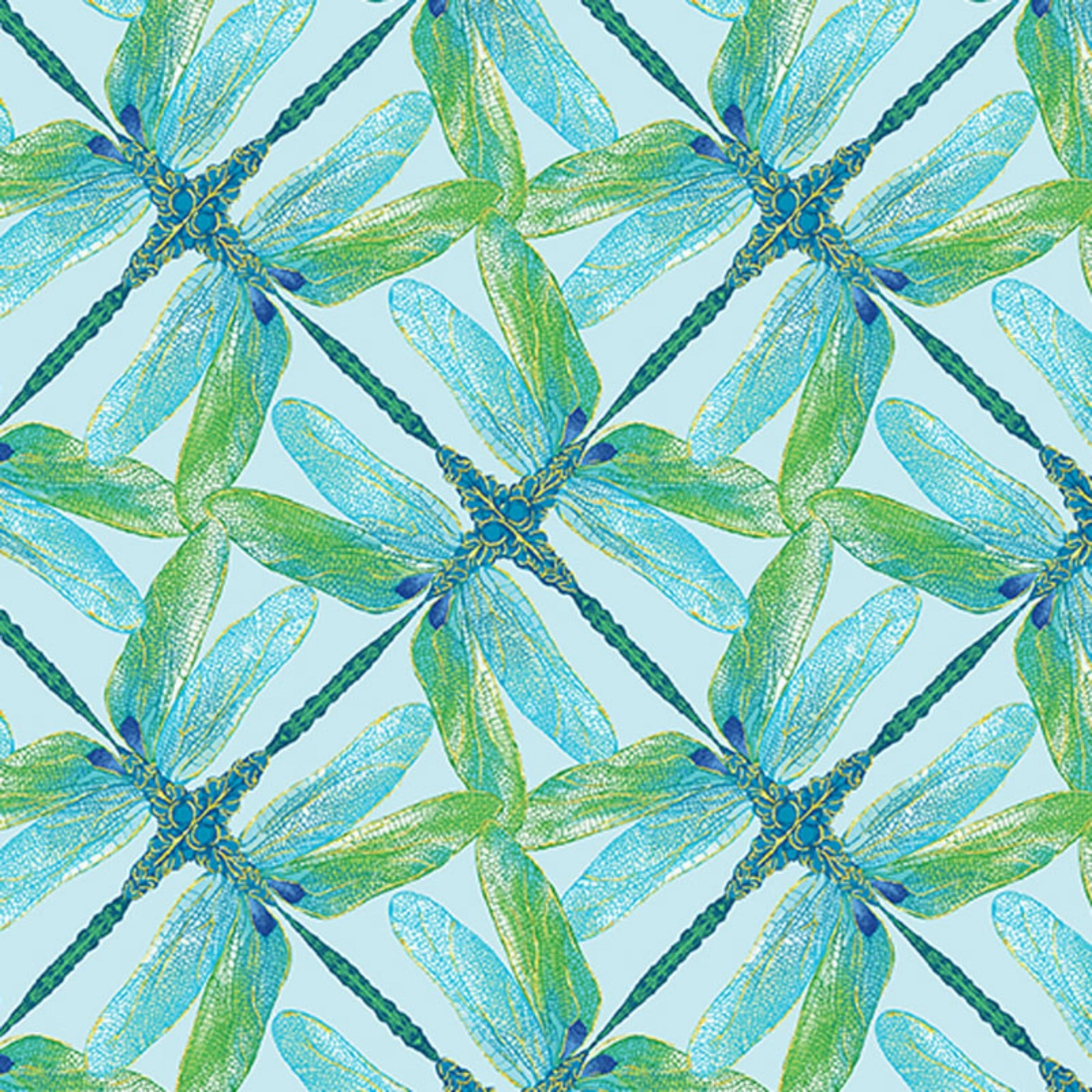 Aqua and green geometric fabric with a dragonfly pinwheel design