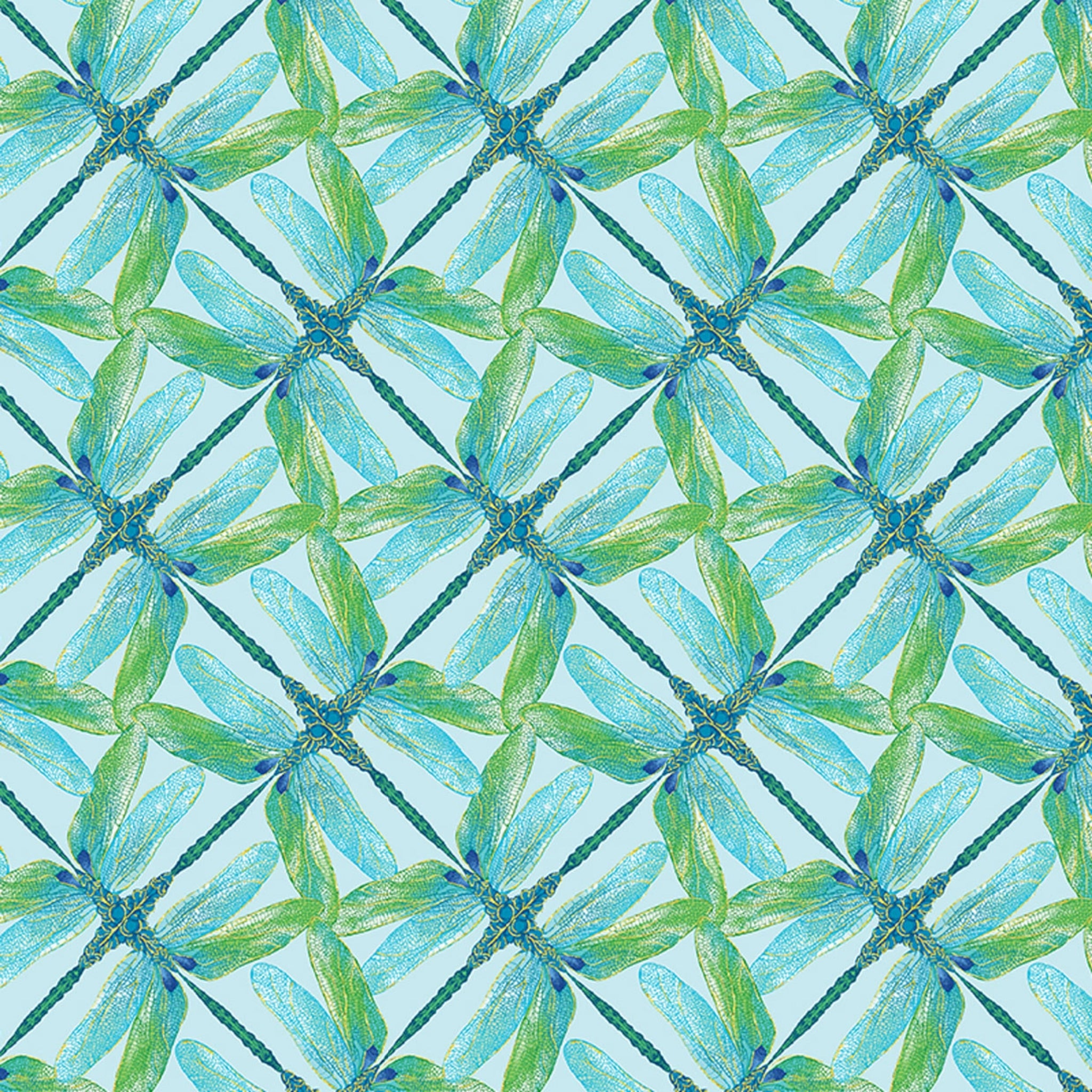 Aqua and green geometric fabric with a dragonfly pinwheel design