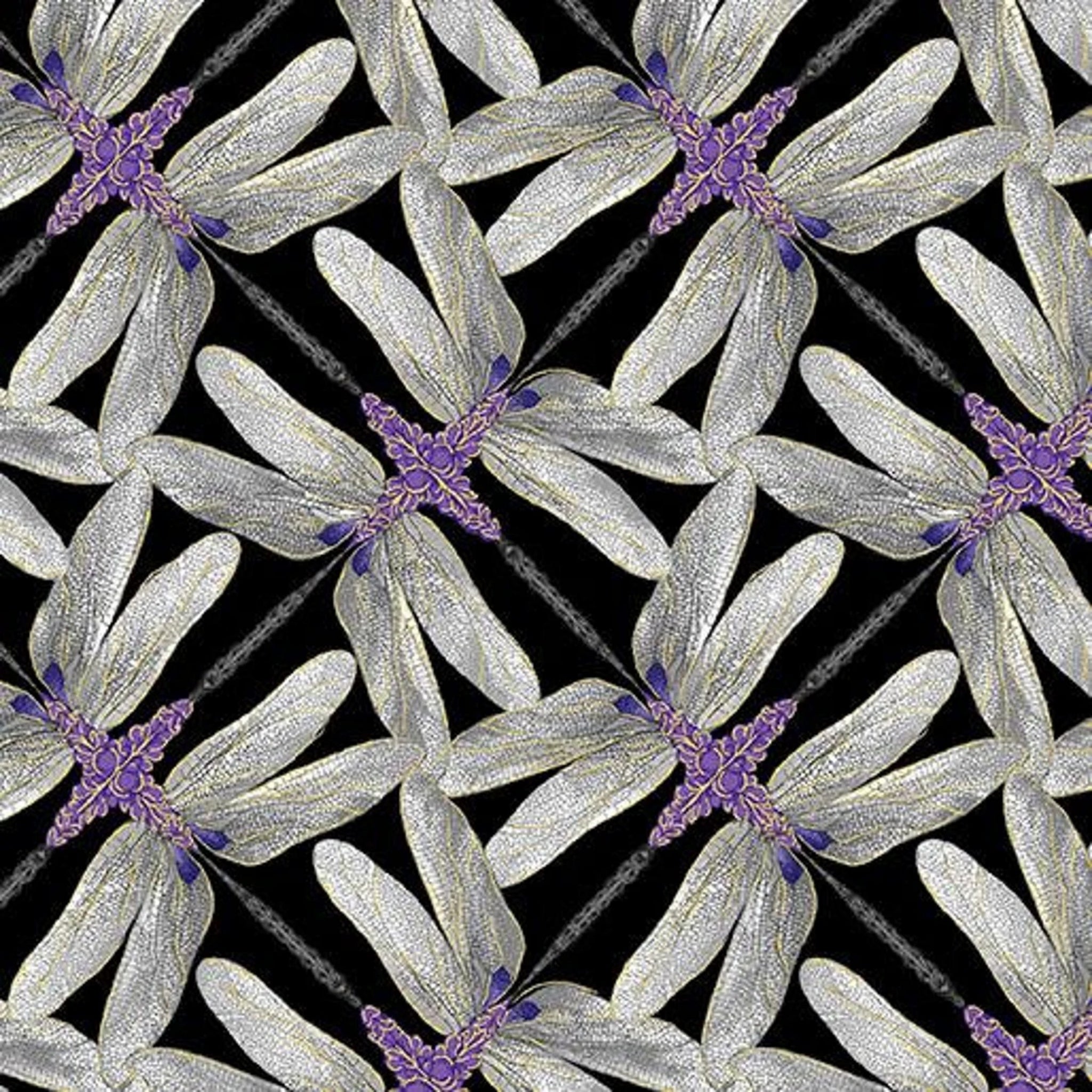 Black, grey, and violet geometric fabric with a dragonfly pinwheel design