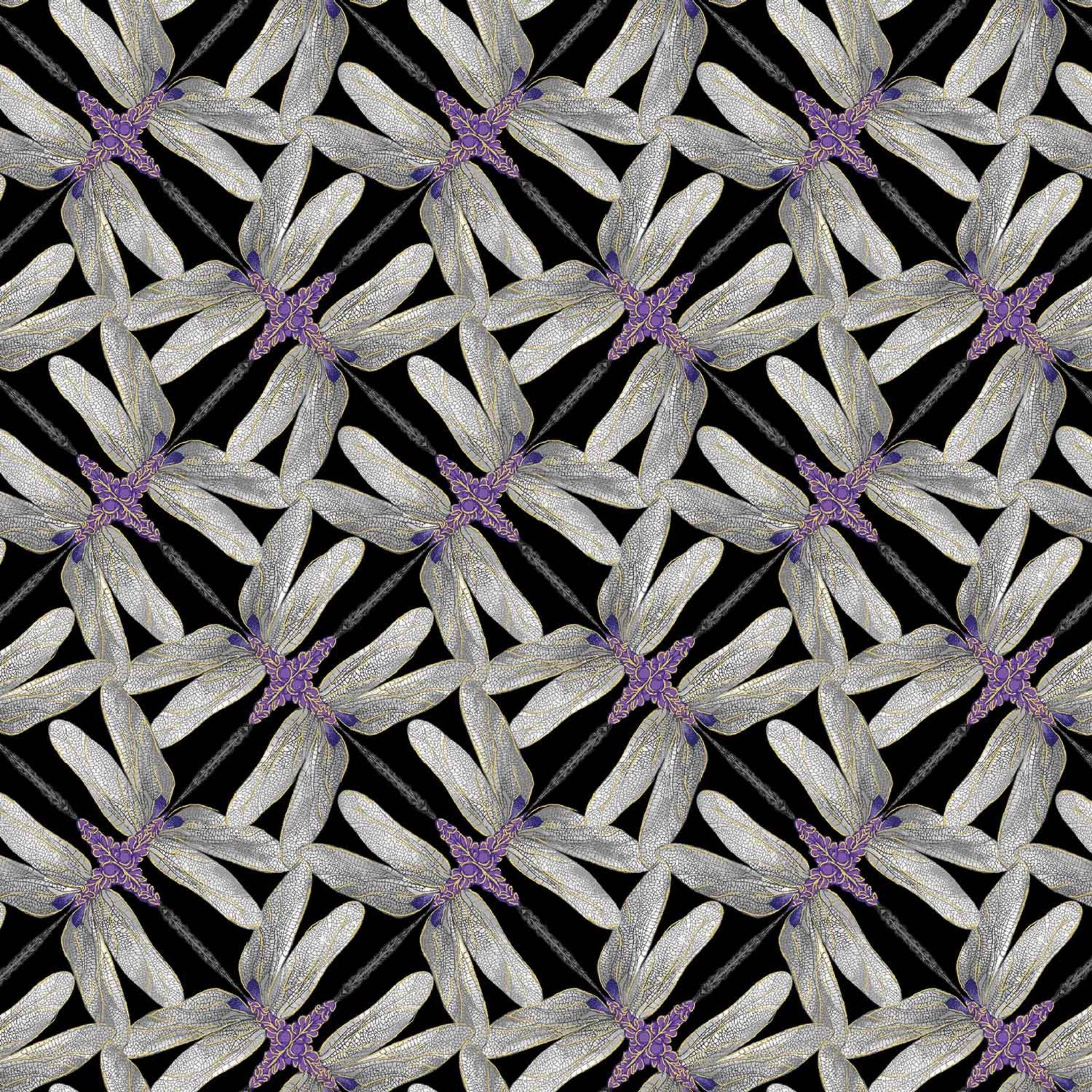 Black, gray, and violet geometric fabric with a dragonfly pinwheel design
