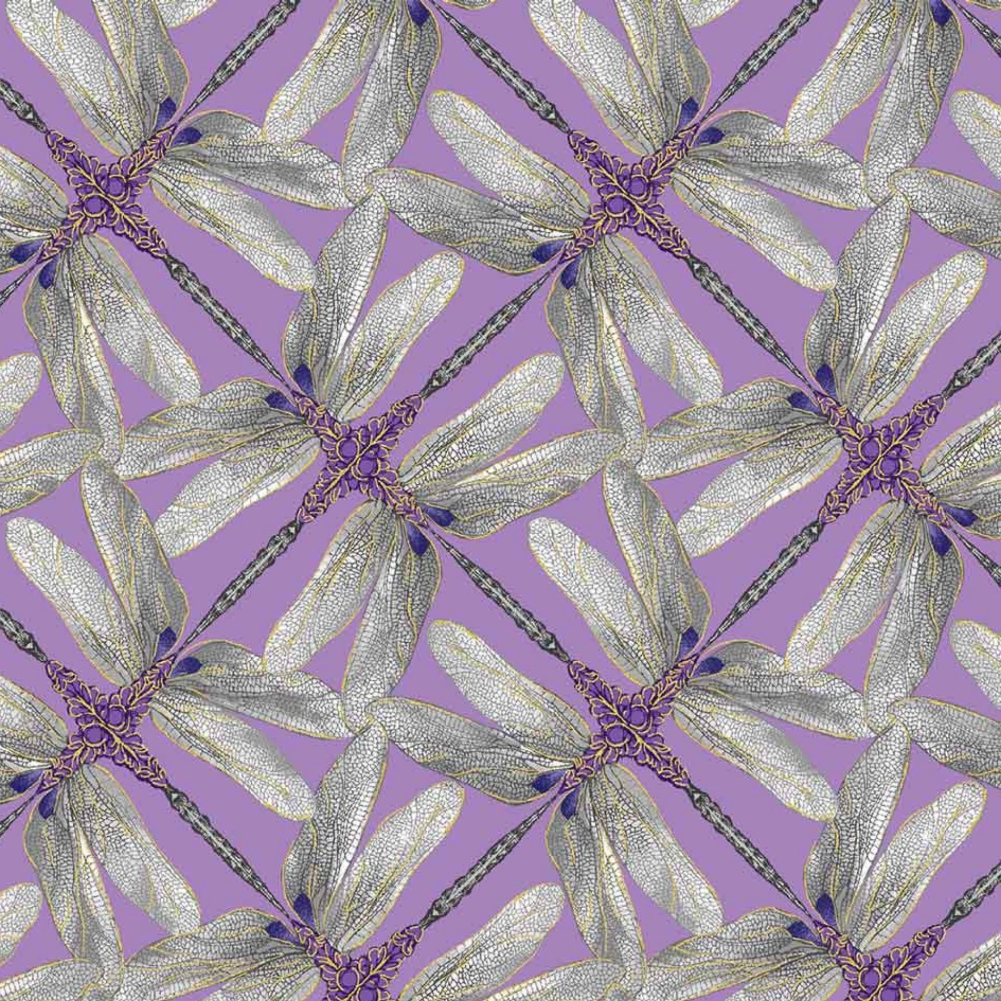 Lavender, grey, and violet geometric fabric with a dragonfly pinwheel design