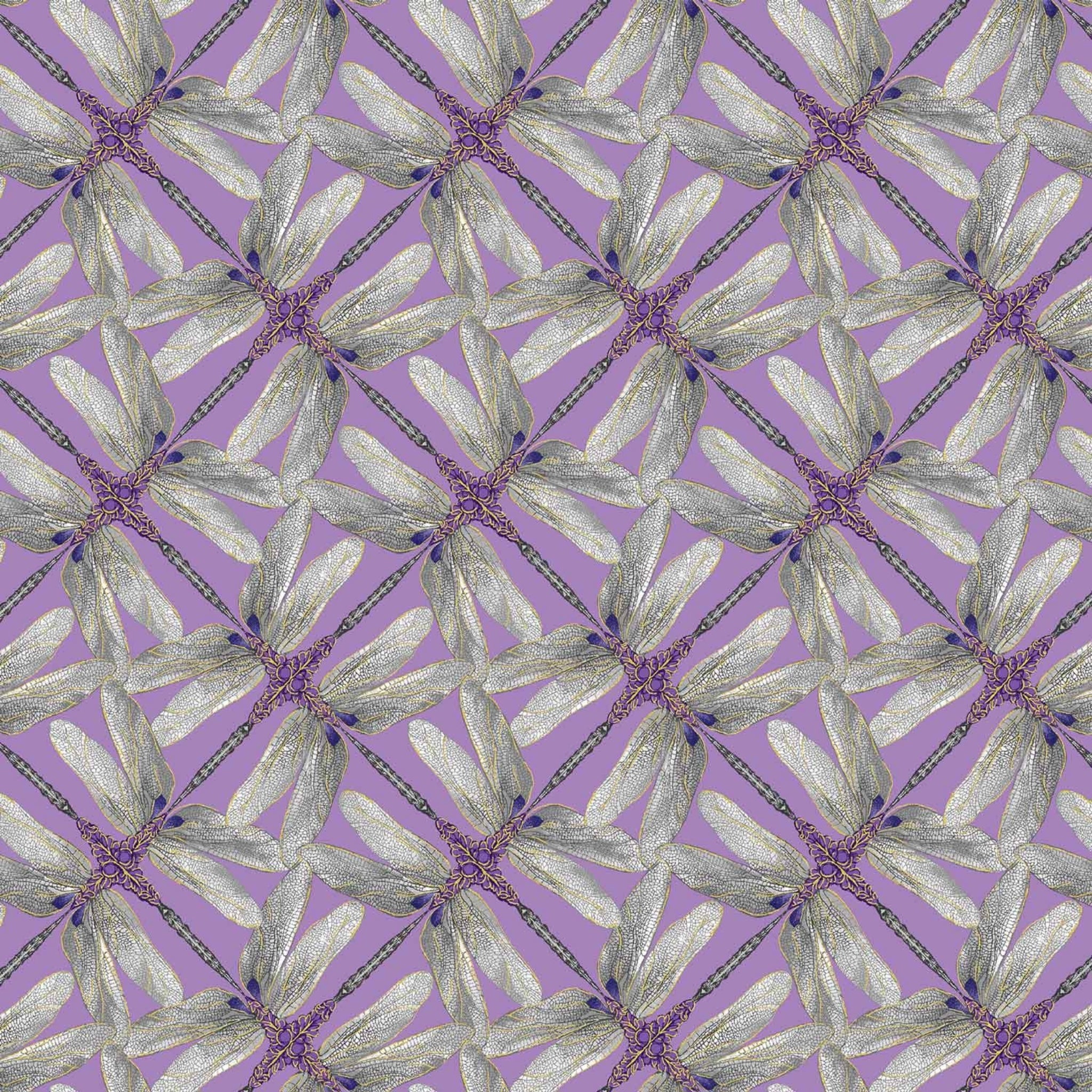 Lavender, gray, and violet geometric fabric with a dragonfly pinwheel design